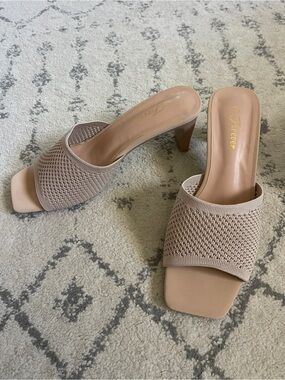 Beige Knit Block Heel Mules